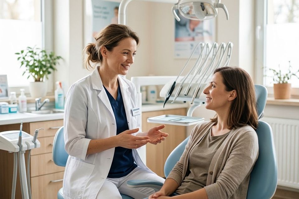 Dentystka rozmawia z pacjentką w gabinecie