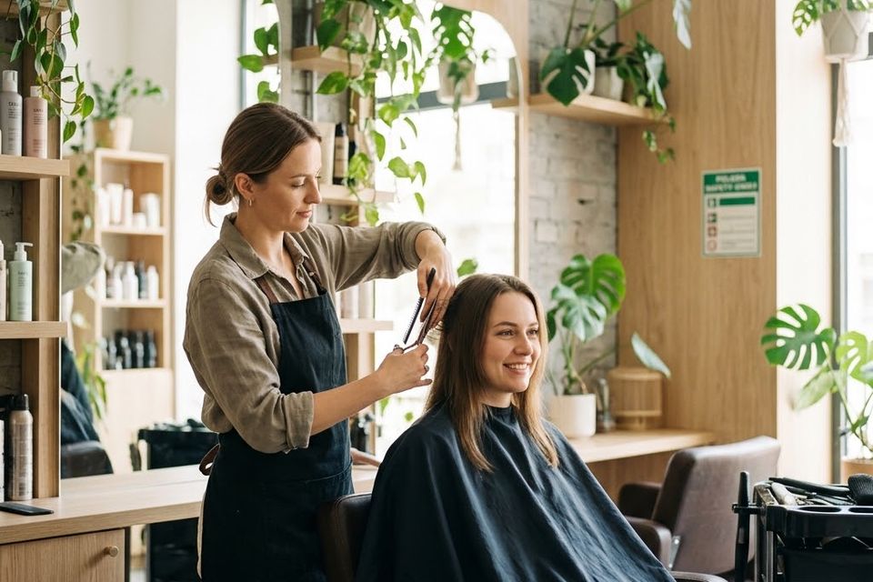 Fryzjerka strzyże klientkę w salonie