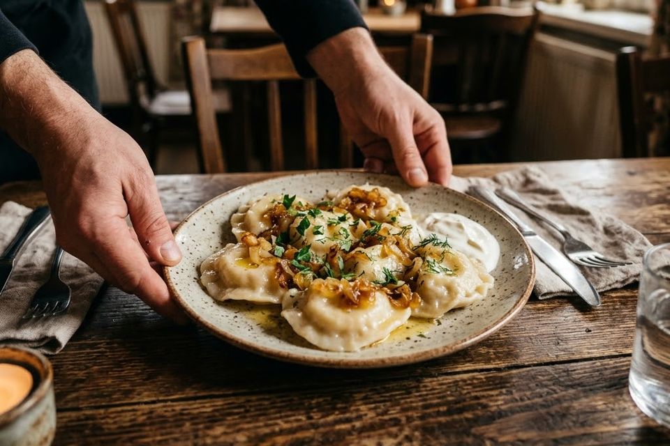 Kelner podaje pierogi w restauracji