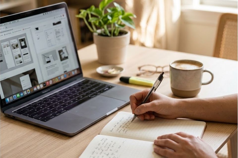Notatki w zeszycie obok laptopa